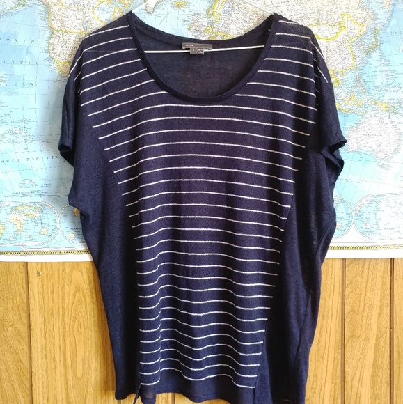 Vince Tops - Vince 100% Linen Navy White Striped Top S